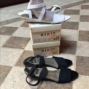KIKIT Vintage Bunndle black pair and white pair strappy cross strap wedges 7.5